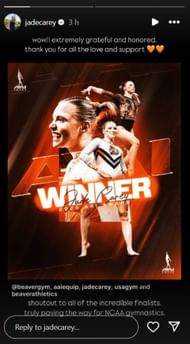 Jade Carey reacts to winning the 2025 AAI Award; Instagram: @jadecarey